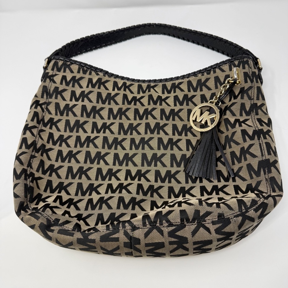 Michael Kors MK Logo Jacquard Hobo Shoulder Bag Black Tan Tassel Charm - Picture 11 of 16